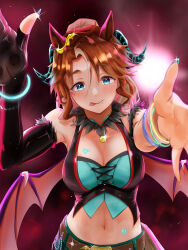 Rule 34 | 1girl, absurdres, animal ears, bare shoulders, belt, black gloves, black horns, black vest, blue eyes, blue nails, blue shirt, blush, bracelet, breasts, brown belt, brown hair, chokin tsucho, cleavage, collarbone, commentary request, cowboy shot, crop top, demon horns, demon wings, ear ornament, elbow gloves, facial mark, fake horns, fake wings, finger in own mouth, fingerless gloves, gloves, green shorts, groin, hair between eyes, halloween costume, hand up, heart, heart facial mark, highres, horns, horse ears, horse girl, horse tail, jewelry, large breasts, long hair, looking at viewer, mejiro palmer (devil in the moonlight) (umamusume), mejiro palmer (umamusume), midriff, multicolored hair, multicolored nails, multiple bracelets, navel, official alternate costume, open mouth, ponytail, shirt, shorts, sidelocks, simple background, single elbow glove, single fingerless glove, sleeveless, sleeveless shirt, solo, standing, streaked hair, tail, umamusume, vest, white hair, wings