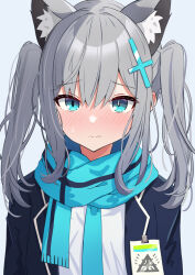 Rule 34 | 1girl, alternate hairstyle, amenocchi, animal ear fluff, animal ears, blue archive, blue eyes, blue jacket, blue scarf, blush, closed mouth, commentary, cross hair ornament, embarrassed, grey hair, hair between eyes, hair ornament, highres, jacket, looking at viewer, open clothes, open jacket, scarf, shiroko (blue archive), shirt, simple background, solo, straight-on, twintails, upper body, white background, white shirt