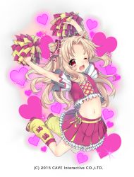Rule 34 | 1girl, ;d, arms up, blush, bow, breasts, cheerleader, crop top, frilled skirt, frills, full body, gothic wa mahou otome, hair bow, hair intakes, hair ornament, hair scrunchie, heart, heart background, holding, jumping, leg warmers, light brown hair, long hair, looking at viewer, midriff, nachiru, navel, official art, one eye closed, open mouth, pink bow, pink scrunchie, pink shirt, pink skirt, pleated skirt, pom pom (cheerleading), red eyes, ribbon, scrunchie, shirt, shoes, short sleeves, sidelocks, skirt, small breasts, smile, sneakers, solo, striped, striped bow, very long hair, white background, yellow footwear, yellow legwear, yellow ribbon