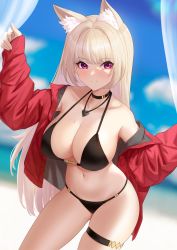 Rule 34 | 1girl, animal ears, artnohearts, bikini, black bikini, blonde hair, breasts, choker, cleavage, fox ears, fox girl, highres, jacket, jacket partially removed, jewelry, large breasts, leaning forward, looking at viewer, makeup, mascara, mole, navel, necklace, original, purple eyes, skindentation, smile, solo, swimsuit, thick thighs, thigh strap, thighs