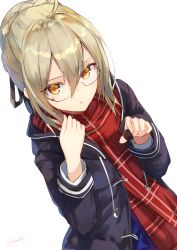 Rule 34 | 1girl, a.t. zero, ahoge, artist name, artoria pendragon (all), artoria pendragon (fate), black-framed eyewear, blonde hair, braid, checkered clothes, checkered scarf, chocolate, coat, duffel coat, dutch angle, fate/grand order, fate (series), food, glasses, hair between eyes, highres, holding, holding food, looking at viewer, mysterious heroine x alter (fate), mysterious heroine x alter (first ascension) (fate), orange eyes, parted lips, red scarf, saber (fate), scarf, semi-rimless eyewear, sidelocks, signature, simple background, solo, under-rim eyewear, white background