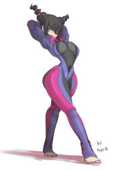 Rule 34 | 1girl, absurdres, arms behind head, barefoot, biker clothes, bikesuit, bodysuit, breasts, eyepatch, full body, han juri, highres, looking at viewer, rih bueno, smile, solo, street fighter, street fighter v, toeless legwear, toes