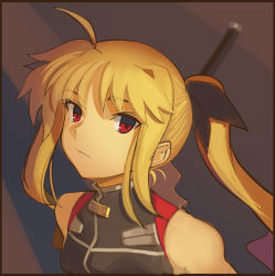 Rule 34 | 1girl, ahoge, blonde hair, boa (brianoa), commentary, english commentary, fate testarossa, fate testarossa (true sonic form), highres, long hair, looking at viewer, lyrical nanoha, mahou shoujo lyrical nanoha, polearm, red eyes, solo, turtleneck, twintails, upper body, weapon