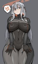 Rule 34 | 1girl, absurdres, anger vein, armored bodysuit, black bodysuit, bodysuit, breasts, covered navel, deep skin, from below, goddess of victory: nikke, goma., grey background, grey bodysuit, grey hair, halo, hands on own thighs, headgear, highres, large breasts, long hair, looking at viewer, official alternate costume, red eyes, scarlet (black shadow) (nikke), scarlet (nikke), simple background, solo, spoken anger vein