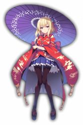 Rule 34 | 1girl, blonde hair, blue eyes, blue skirt, breasts, butterfly hair ornament, closed mouth, collarbone, floral print, full body, hair ornament, holding, japanese clothes, kimono, kimono skirt, looking at viewer, medium breasts, obi, oil-paper umbrella, pantyhose, sandals, sash, shiny clothes, short hair, skirt, smile, solo, standing, tomose shunsaku, transparent background, umbrella, wide sleeves