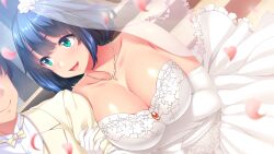 Rule 34 | 1girl, bare shoulders, blue hair, blush, breasts, bridal veil, bride, cleavage, dress, elbow gloves, eyebrows hidden by hair, from above, game cg, gloves, green eyes, jewelry, large breasts, looking at another, necklace, nonomiya himari, open mouth, original, petals, shiokonbu, short hair, sister lesson, smile, standing, strapless, strapless dress, veil, wedding dress