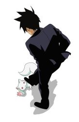 Rule 34 | 10s, 1boy, akutabe, black hair, byako (srktn), crossover, formal, from above, from behind, hand in pocket, kyubey, looking up, mahou shoujo madoka magica, mahou shoujo madoka magica (anime), red eyes, shirokitsune (rin02ituki), simple background, suit, tail, yondemasu yo azazel-san.