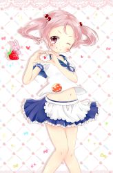 Rule 34 | 1girl, ;p, apron, badge, blush stickers, rabbit, food, frilled skirt, frills, fruit, hair bobbles, hair ornament, heart, heart hands, highres, kantai collection, midriff, mume shiho, navel, one eye closed, pink eyes, pink hair, puffy short sleeves, puffy sleeves, remodel (kantai collection), sazanami (kancolle), sazanami kai (kancolle), school uniform, serafuku, short hair, short sleeves, skirt, solo, strawberry, tongue, tongue out, twintails