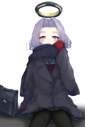 Rule 34 | 10s, bag, black pantyhose, gloves, halo, highres, kantai collection, mechanical halo, momin, pantyhose, purple eyes, purple hair, red gloves, scarf, school bag, short hair, solo, tatsuta (kancolle), winter clothes