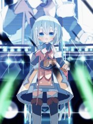Rule 34 | 1girl, aqua bow, aqua bowtie, aqua eyes, aqua hair, bare shoulders, black collar, black footwear, black sleeves, blurry, blurry background, boots, bow, bowtie, collar, collared shirt, commentary, concert, detached sleeves, fang, glowstick, hair ornament, hand on own chest, hatsune miku, headphones, highres, hikimayu, knee boots, long hair, looking at viewer, magical mirai (vocaloid), magical mirai miku, magical mirai miku (2018), monitor, multicolored clothes, multicolored skirt, open mouth, pink bow, pink bowtie, pleated skirt, projected inset, scanlines, shirt, skin fang, skirt, sleeveless, sleeveless shirt, solo, spotlight, stage, straight-on, syare 0603, twintails, very long hair, vocaloid, yellow bow, yellow bowtie