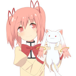 Rule 34 | 10s, 1girl, bow, hair bow, kaname madoka, kyubey, mahou shoujo madoka magica, mahou shoujo madoka magica (anime), nico dot, pink eyes, pink hair, red eyes, school uniform, smile, twintails