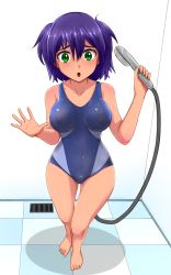 Rule 34 | 1girl, :o, blush, breasts, breasts apart, collarbone, competition swimsuit, covered erect nipples, everlasting summer, full body, green eyes, hair between eyes, highres, huyase, iichan, iichan.ru, large breasts, navel, one-piece swimsuit, open mouth, purple hair, see-through, short hair, shower (place), shower head, solo, standing, swimsuit, twintails, unyl-chan