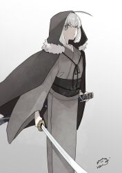 Rule 34 | 1girl, blunt bangs, cloak, commentary request, fate (series), fur collar, gradient background, gray (fate), green eyes, grey background, grey hair, grey kimono, hair between eyes, highres, holding, holding sword, holding weapon, hood, hooded cloak, japanese clothes, katana, kimono, looking at viewer, lord el-melloi ii case files, nemugiko, obi, sash, scabbard, sheath, signature, solo, sword, two-tone background, weapon, white background