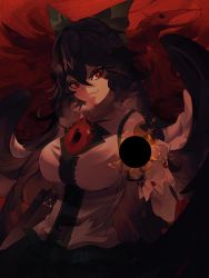 Rule 34 | 1girl, absurdres, black hair, blouse, bow, breasts, collared shirt, grin, hair between eyes, hair bow, highres, large breasts, long hair, looking at viewer, naufaldreamer, radiation symbol, red background, red eyes, reiuji utsuho, shirt, smile, solo, third eye, touhou, upper body, white shirt