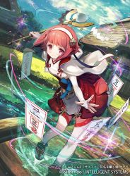 Rule 34 | 1girl, capelet, card, copyright name, day, fire emblem, fire emblem cipher, fire emblem fates, grass, hairband, kawasumi (japonica), nintendo, official art, pink eyes, pink hair, sakura (fire emblem), sandals, sky, solo, sparkle, staff, thighhighs, tree, water