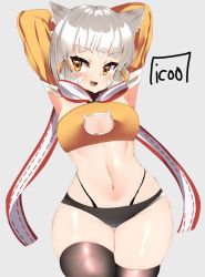 Rule 34 | animal ears, armpits, blunt bangs, breasts, cat ears, facial mark, highres, icoo, nia (xenoblade), scarf, short hair, signature, silver hair, simple background, skindentation, small breasts, solo, thighhighs, white background, wide hips, xenoblade chronicles (series), xenoblade chronicles 2, yellow eyes