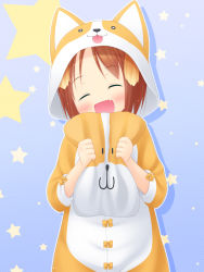 Rule 34 | 1girl, ^ ^, animal costume, animal ears, blush, brown hair, child, closed eyes, dog costume, dog ears, fang, highres, hood, hoodie, inuarashi, meiko (inuarashi), open mouth, original, pillow, short hair, smile, solo, star (symbol), starry background
