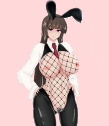 Rule 34 | 1girl, animal ears, berumina, bodysuit, breasts, brown eyes, brown hair, fake animal ears, fishnet bodysuit, fishnets, girls und panzer, highres, large breasts, leotard, long hair, looking at viewer, mature female, navel, nipples, nishizumi shiho, playboy bunny, pubic hair, rabbit ears, solo, thighhighs, white background
