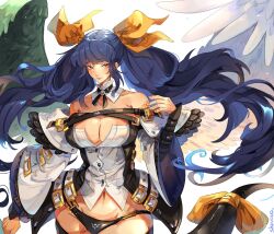 Rule 34 | 1girl, angel wings, asymmetrical wings, bare shoulders, black panties, blue hair, breasts, cleavage, cleavage cutout, clothing cutout, dizzy (guilty gear), guilty gear, guilty gear xrd, highres, large breasts, long hair, long sleeves, mature female, midriff, monster girl, navel, panties, red eyes, ribbon, shpr0ta, solo, tail, tail ornament, tail ribbon, twintails, underwear, very long hair, white background, wide sleeves, wings