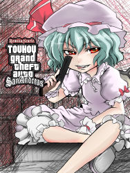 Rule 34 | :p, bat wings, blue hair, copyright name, crossover, grand theft auto, grand theft auto: san andreas, gun, hat, highres, red eyes, remilia scarlet, rockstar, short hair, solo, tongue, tongue out, touhou, wakie, weapon, wings