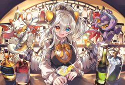 Rule 34 | 1girl, absurdres, alcohol, bar (place), bar stool, bartender, bottle, cocktail, cocktail glass, cup, dragon, dragon girl, dragon horns, dragon wings, drinking glass, heterochromia, highres, horns, ideal (p&amp;d), kuuron (moesann17), liquor, puzzle &amp; dragons, solo, stool, waistcoat, whiskey, wine bottle, wings