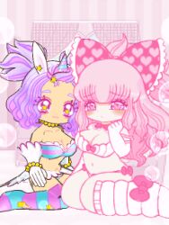 Rule 34 | 2girls, 3d, :3, animal ears, animated, animated gif, artist request, blinking, blush, bow, bracelet, breasts, cleavage, closed mouth, collar, earrings, elbow gloves, gloves, hair bow, hair ornament, heart, heart-shaped pupils, horns, horse ears, jewelry, long hair, looking at viewer, lowres, medium breasts, multiple girls, necklace, pink bow, pink collar, pink eyes, pink hair, ponytail, short hair, single horn, skirt, smile, star (symbol), star earrings, star hair ornament, striped clothes, striped thighhighs, symbol-shaped pupils, thighhighs, tororiina (hecktop), tororin time, unicorn girl, unicornia (hecktop), white gloves, worried