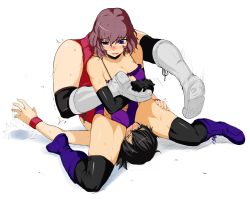 Rule 34 | 2girls, asphyxiation, black eyes, black hair, blush, boots, breasts, brown hair, cleavage, defeat, femdom, gloves, leotard, multiple girls, nexas, one eye closed, purple eyes, short hair, simple background, sitting, sitting on face, sitting on person, spread legs, strangling, submission hold, sweat, thighhighs, trembling, wrestling, wrestling outfit, wristband, yuri