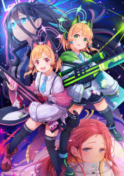 Rule 34 | 4girls, absurdres, animal ear headphones, animal ears, aris (blue archive), assault rifle, black legwear, blonde hair, blue archive, cat ear headphones, commentary request, fake animal ears, forehead, gsong-chan, gun, hair between eyes, halo, headphones, highres, jacket, long hair, long hair between eyes, looking at viewer, midori (blue archive), momoi (blue archive), multiple girls, red hair, rifle, school uniform, short hair, siblings, sisters, sniper rifle, thighhighs, twins, weapon, yuzu (blue archive)