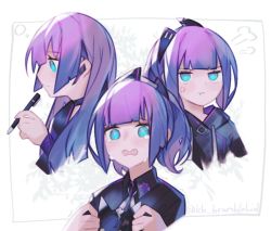 Rule 34 | 1girl, angry, arms up, black shirt, blue eyes, blunt bangs, blush, carcano m91/38 (girls&#039; frontline), closed mouth, collar, collared shirt, crying, from side, girls&#039; frontline, hair ornament, hair ribbon, holding, holding pen, kky, long hair, looking at viewer, looking to the side, multiple views, neck ribbon, neckwear request, open mouth, pen, purple hair, ribbon, shirt, simple background, tears, upper body, white background