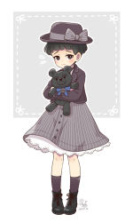 Rule 34 | 1boy, aged down, artist name, black eyes, black hair, boots, bow, credence barebone, dress, fantastic beasts and where to find them, harry potter (series), hat, male focus, nightcat, simple background, solo, stuffed animal, stuffed toy, teddy bear, trap, white background, wizarding world