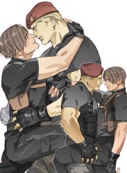 Rule 34 | 2boys, bara, beret, black gloves, black pants, black shirt, blonde hair, brown hair, closed mouth, couple, fingerless gloves, gloves, hat, holster, jack krauser, large pectorals, leg up, leon s. kennedy, looking at another, male focus, multiple boys, muscular, muscular male, pants, pectorals, resident evil, resident evil 4, resident evil 4 (remake), scar, scar across eye, scar on face, shirt, short hair, shoulder holster, simple background, tatsumi (psmhbpiuczn), white background, yaoi