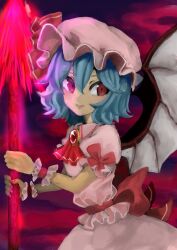 Rule 34 | 1girl, ascot, back bow, bat wings, blue hair, bow, breasts, brooch, closed mouth, collared shirt, cowboy shot, frilled sleeves, frills, from side, glowing, glowing weapon, hair between eyes, hat, highres, holding, holding polearm, holding weapon, jewelry, looking at viewer, medium hair, mob cap, one-hour drawing challenge, petarikooo, pink hat, pink shirt, pink skirt, polearm, puffy short sleeves, puffy sleeves, red ascot, red background, red bow, red brooch, red eyes, remilia scarlet, shirt, short sleeves, simple background, skirt, small breasts, smile, solo, spear the gungnir, touhou, weapon, wings, wrist cuffs