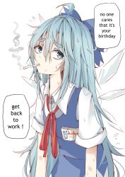 Rule 34 | 1girl, absurdres, ahoge, bags under eyes, blue bow, blue dress, blue eyes, blue hair, bow, cigarette, cirno, cirno day, collared shirt, commentary, cowboy shot, dot nose, dress, english commentary, english text, hair between eyes, hair bow, highres, hikimayu, ice, ice wings, long hair, looking to the side, messy hair, name tag, neck ribbon, red ribbon, ribbon, shirt, smoke, smoking, speech bubble, sweat, thick eyebrows, touhou, very long hair, white background, white shirt, wings, wwparasi