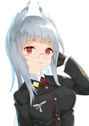 Rule 34 | 1girl, amagasa yun, animal ears, arm at side, black gloves, breasts, buttons, closed mouth, collared shirt, commentary request, emblem, glasses, gloves, grey hair, hand up, head wings, heidimarie w. schnaufer, highres, long hair, long sleeves, looking at viewer, medium breasts, military, military uniform, necktie, red eyes, red necktie, rimless eyewear, round eyewear, shirt, simple background, sleeves past wrists, smile, solo, strike witches, undershirt, uniform, upper body, white background, white shirt, wing collar, wings, world witches series