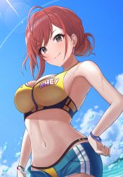 Rule 34 | 1girl, absurdres, ahoge, arisugawa natsuha, armpits, bikini, blue shorts, blue sky, breasts, cleavage, closed mouth, cloud, commentary, contrapposto, cowboy shot, cutoffs, day, dot nose, dutch angle, earrings, english text, eyelashes, from below, grey eyes, hair bun, hand on own hip, highres, idolmaster, idolmaster shiny colors, jewelry, large breasts, lens flare, light blush, linea alba, looking at viewer, navel, open pants, orange hair, osoba susurukun, pants, short shorts, shorts, sidelocks, skindentation, sky, smile, solo, stomach, sunlight, swept bangs, swimsuit, water drop, wet, wristband, yellow bikini