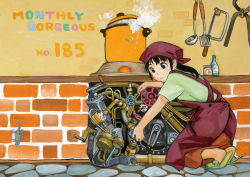 Rule 34 | 1girl, akai sashimi, animal, apron, black eyes, black hair, bottle, brick wall, closed mouth, commentary request, cooking, crank, english text, from side, gauge, gecko, green footwear, green shirt, hacksaw, head scarf, indoors, industrial pipe, jar, kneeling, ladle, lizard, long hair, looking at object, machine, machinery, orange skirt, original, partial commentary, pliers, pot, red apron, red headwear, saw, shirt, short sleeves, skirt, slippers, solo, spatula, steam, stone floor, stove, t-shirt, tenugui, tools, valve