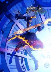 Rule 34 | 1girl, aryuma772, backlighting, black shirt, black skirt, black sleeves, blonde hair, blue eyes, boots, commentary, countdown, cross-laced footwear, detached sleeves, frilled skirt, frills, full body, glowing, guitar, hair ornament, hair ribbon, hairclip, highres, instrument, kagamine rin, knee boots, lace-up boots, neon trim, nuclear reactor, open mouth, outstretched arm, ribbon, roshin yuukai (vocaloid), shirt, short twintails, skirt, solo, twintails, two-tone shirt, two-tone skirt, vocaloid, white shirt, white skirt