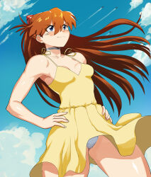 Rule 34 | 1girl, bare shoulders, blue eyes, blue sky, breasts, brown hair, clothes lift, curvy, day, dress, dress lift, floating hair, gssaturday, hands on own hips, highres, legs apart, long hair, looking up, medium breasts, navel, neon genesis evangelion, panties, shiny skin, simple background, sky, smile, solo, souryuu asuka langley, sundress, swimsuit, thighs, two side up, underwear, white panties, wide hips, wind, yellow dress