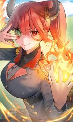 Rule 34 | 1girl, black shirt, breasts, closed mouth, collared shirt, cover, cover page, day, dragon girl, dragon horns, fire, green eyes, heterochromia, highres, horns, inushima, large breasts, long hair, looking at viewer, magic, original, outdoors, ponytail, red eyes, red hair, shirt, smile, solo