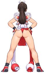 Rule 34 | 1girl, ass, brown hair, cameltoe, commentary request, fatal fury, from behind, full body, hands on own hips, high ponytail, highres, legs, ninja, panties, pelvic curtain, ponytail, red panties, revealing clothes, rope, shigenobu, shiny skin, shiranui mai, simple background, sleeveless, snk, solo, standing, the king of fighters, thighs, thong, underwear, upskirt, view between legs, white background