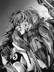 Rule 34 | 1girl, animification, apex legends, blood, blood on clothes, blood on face, bodysuit, closed eyes, facial scar, gloves, greyscale, highres, hood, hooded jacket, injury, jacket, lichtenberg figure, lying, monochrome, mozuwaka, on ground, parted lips, ribbed bodysuit, scar, scar on cheek, scar on face, solo, upper body, wattson (apex legends)