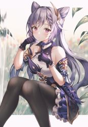 Rule 34 | 1girl, bare shoulders, black pantyhose, blush, breasts, cone hair bun, detached sleeves, dress, frills, genshin impact, gloves, hair bun, hair ornament, hands up, highres, keqing (genshin impact), long hair, looking at viewer, medium breasts, mellozzo, pantyhose, purple eyes, purple hair, simple background, sitting, skirt, solo, twintails, wing collar