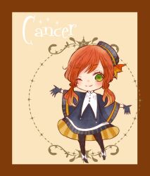 Rule 34 | 1girl, black pantyhose, blue dress, blue gloves, border, cancer (zodiac), cerika, dress, eyelashes, full body, gloves, green eyes, highres, looking at viewer, one eye closed, orange border, orange hair, original, outstretched arms, pantyhose, smile, solo, split mouth, spread arms, twintails, zodiac
