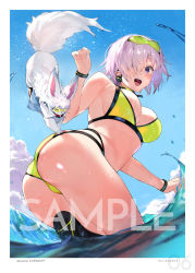 Rule 34 | 1girl, :d, artist name, ass, bare shoulders, bikini, blue sky, blush, breasts, choker, cloud, cowboy shot, creature, day, fate/grand order, fate (series), fou (fate), goggles, goggles on head, green bikini, green choker, hair over one eye, large breasts, looking at viewer, mash kyrielight, mash kyrielight (dive to blue), multi-strapped bikini, ocean, official alternate costume, open mouth, outdoors, purple eyes, purple hair, short hair, skindentation, sky, smile, solo, splashing, swimsuit, twisted torso, wading, water drop, wet, wristband