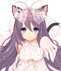 Rule 34 | ..., 1girl, ?, animal ears, arm up, bad id, bad pixiv id, bare shoulders, blue eyes, bow, breasts, byulzzi, cat ears, cat tail, cleavage, dress, elbow gloves, foreshortening, gloves, hair bow, lace, long hair, looking at viewer, purple hair, simple background, solo, tail, tareme, transparent, unleashed, very long hair, wedding dress, white background