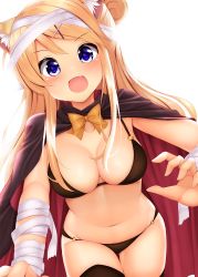 Rule 34 | 1girl, :d, animal ear fluff, animal ears, bandaged arm, bandaged head, bandages, bikini, black bikini, black cape, black thighhighs, blonde hair, blue eyes, blush, bow, breasts, brown bow, cape, cat ears, cleavage, collarbone, fang, hair bun, hair ornament, hairclip, halloween, highres, kemonomimi mode, kin-iro mosaic, kujou karen, large breasts, long hair, looking at viewer, minato ojitan, multicolored cape, multicolored clothes, navel, o-ring, o-ring bikini, o-ring bottom, o-ring top, open mouth, red cape, simple background, single hair bun, single thighhigh, smile, solo, swimsuit, thighhighs, two-sided cape, two-sided fabric, very long hair, white background, x hair ornament