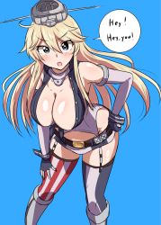 Rule 34 | 10s, 1girl, areola slip, belt, blonde hair, blue background, blue eyes, blush, boots, breasts, cleavage, elbow gloves, english text, eyebrows, fingerless gloves, front-tie top, garter straps, gloves, hair between eyes, hand on own hip, hat, headgear, iowa (kancolle), kantai collection, knee boots, large breasts, leaning forward, long hair, looking at viewer, open mouth, senshiya, simple background, skirt, solo, star-shaped pupils, star (symbol), striped clothes, striped skirt, striped thighhighs, symbol-shaped pupils, thighhighs, vertical-striped clothes, vertical-striped skirt, vertical-striped thighhighs
