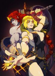 Rule 34 | 1boy, 1girl, absurdres, aisendraw, armlet, back-to-back, bare shoulders, black dress, black sarong, blonde hair, bracelet, braid, breasts, circlet, cleavage, covered erect nipples, diadem, dress, elden ring, gold aura, gold belt, gold circlet, gold diadem, hammer, highres, holding, holding hammer, jewelry, king, long braid, long hair, looking at viewer, medium breasts, muscular, nipples, queen, queen marika the eternal, radagon of the golden order, raise hammer, red hair, robe, sarong, single braid, topless male, yellow eyes