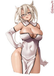 Rule 34 | 1girl, black-framed eyewear, blonde hair, blush, breasts, covered navel, cowboy shot, cropped legs, dark-skinned female, dark skin, dress, ebifurya, elbow gloves, glasses, gloves, hair between eyes, highres, kantai collection, large breasts, long hair, looking at viewer, musashi (kancolle), one-hour drawing challenge, open mouth, pelvic curtain, red eyes, simple background, smile, solo, strapless, strapless dress, twitter username, white background, white dress, white gloves
