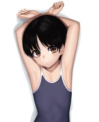Rule 34 | 1girl, armpits, arms up, bare arms, black hair, black one-piece swimsuit, blue one-piece swimsuit, blush, brown eyes, closed mouth, collarbone, commentary request, competition school swimsuit, flat chest, head tilt, highres, looking at viewer, one-piece swimsuit, original, parted bangs, pout, ranma (kamenrideroz), school swimsuit, shadow, short hair, simple background, solo, swimsuit, upper body, white background